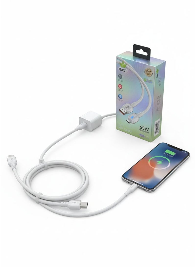 كابل شحن ونقل بيانات سريع ELEC T-22 بقدرة 65 واط - USB إلى Type-C مع مؤشر إضاءة LED ذكي - طول 1 متر - أبيض - Image 1